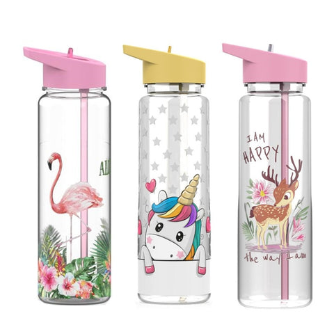 750ml/25oz 100%Tritan Sports Outdoor Straw Water Bottle With Flamingos&Unicorn Printing My Drink Juice Handle Straw Kettle