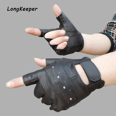 Longkeeper Men Genuine Leather Gloves Sport Driving Slip-resistant Luvas Half Finger Sheep Leather Fingerless Gym Fitness Gloves