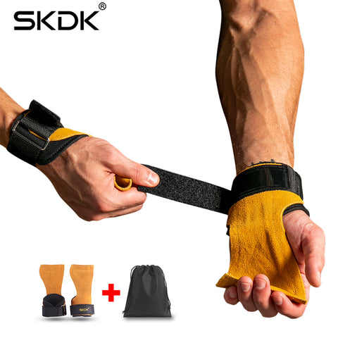 SKDK 1Pair Cowhide Gym Gloves Grips Anti-Skid Weight Lifting Grip Pads Deadlifts Workout Crossfit Fitness Gloves Palm Protection